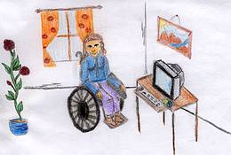 Die Zeichnung von Maria Freystein (13 Jahre) für den Wettbewerb 'Kinder malen barrierefrei' zeigt eine Frau im Rollstuhl am Computer.